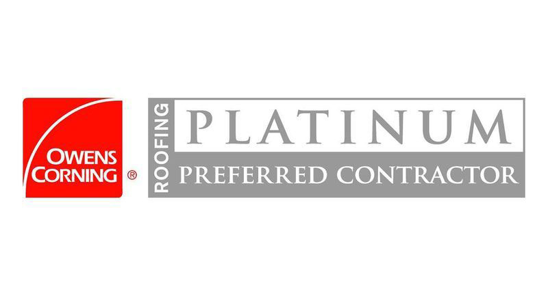 The image features a logo with the text  OWENS CORNING  prominently displayed above a red roofing symbol, indicating a company specializing in roofing services, with additional information stating  PREMIUM CONTRACTOR  and a certification emblem reading  PLATINIUM.
