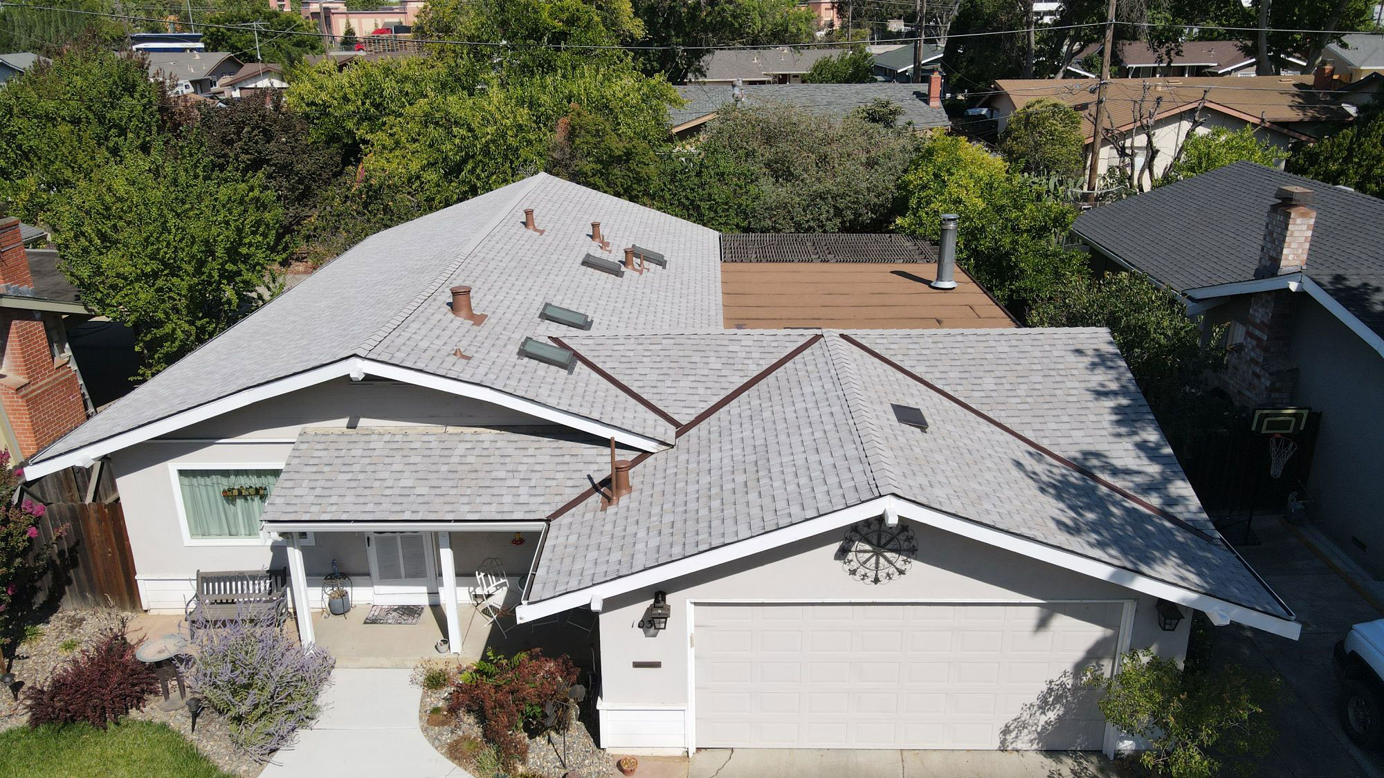 The image shows a two-story residential house with a flat roof, featuring a garage on the lower level and an attic above. There are two dogs lounging on the upper deck of the house.