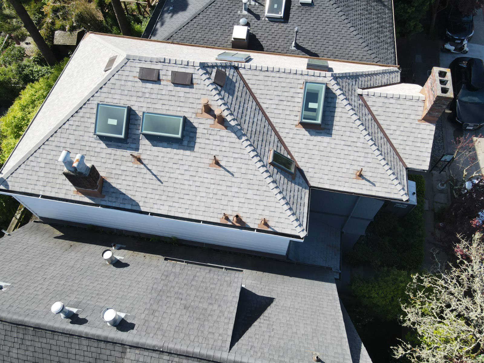 The image shows a two-story residential building with a flat roof featuring multiple skylights, a prominent central chimney, and a dark gray shingle siding. The structure has an attached garage on the left side, and there are trees in the background.