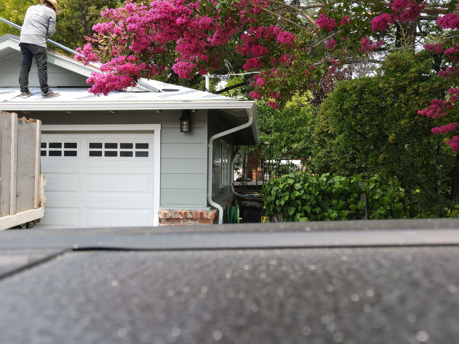 A person standing on the roof of a house with pink flowers, next to a garage.