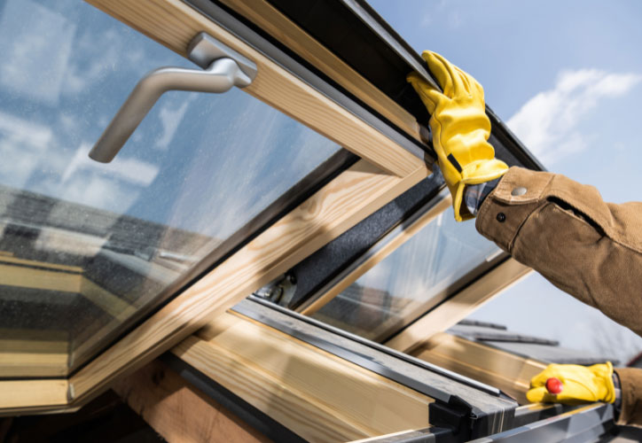 An installation worker wearing safety gloves is installing a window into a new structure.